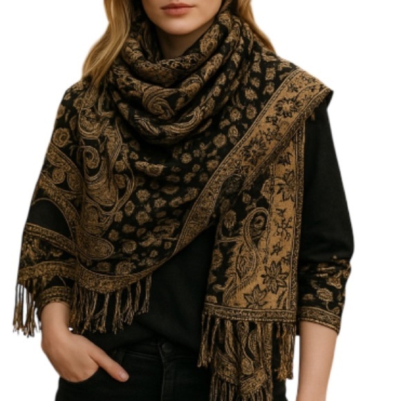 VINTAGE Wool Weave Fringed Rectangular Scarf Camel Black Metallic Gold Floral - Picture 1 of 9
